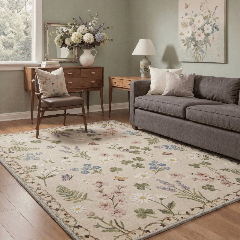 Cogswell Floral Poppy Machine Washable Begie/Green/Yellow Indoor Area Rug With Non-Slip Backing, Runner 2'3" x 6'