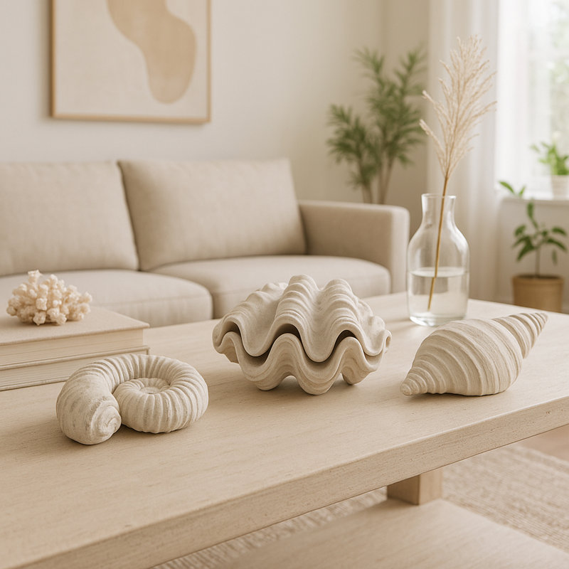Polyresin Coastal Shell Design Sculptures Decorative Accent Figurines, Set Of 3 - 5", 3" Ivory