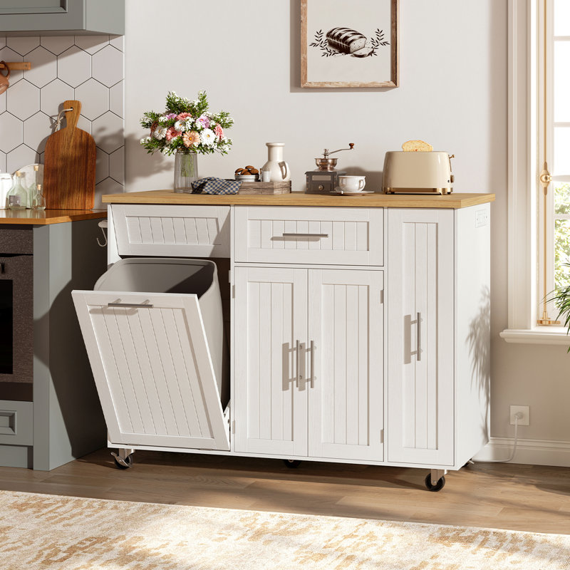 Îlot de cuisine roulant en bois avec prise de courant, armoire à ordures basculante mobile pour chariot d'îlot de cuisine, roulettes verrouillables, tiroir de rangement et porte-serviettes