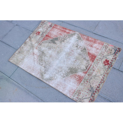 Vintage Turkish Anatolian Hand-Knotted Rug - Small Bohemian Bath Mat in Faded Red for Entryway