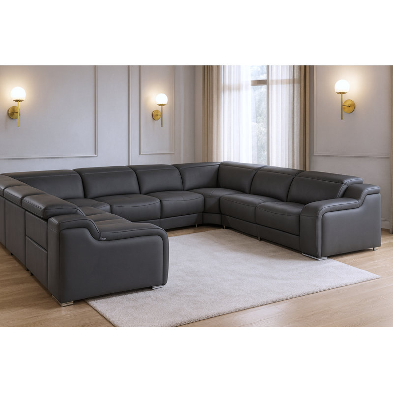 Canapé modulaire en forme de U inclinable en cuir italien foncé foncé avec console