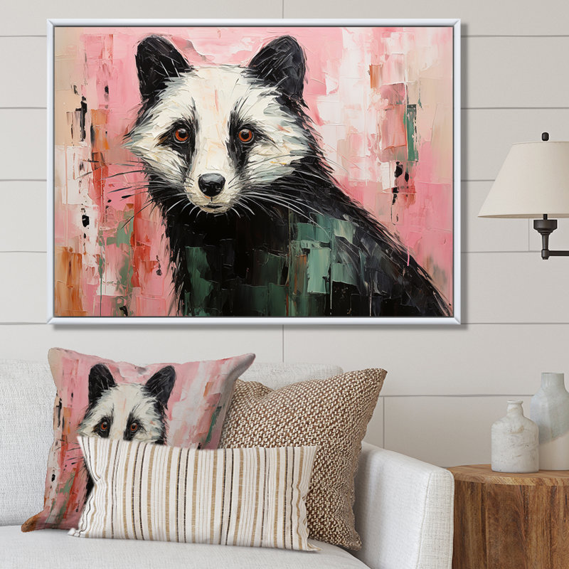«Playful Black Skunk On» - Art mural animal Skunk, Cadre flottant brun, H 24 po x l 32 po x P 1 po
