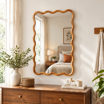 Yellowish Brown 24x36 Inch Wavy Rectangle Solid Wood Frame Wall Mirror, Decorative for Bedroom, Bathroom, Living Room, Entryway