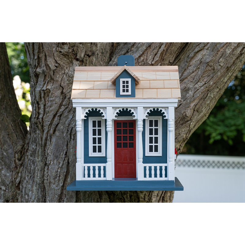Blue and Red Coastal Cottage Bird House with White Trim
