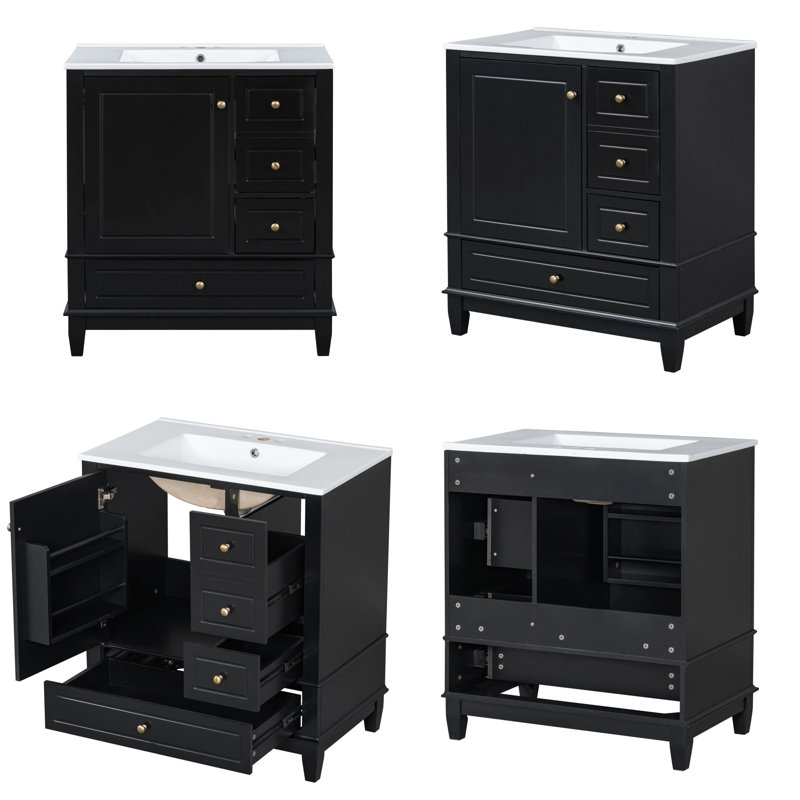 Meuble-lavabo 30 po avec lavabo en céramique, 1 porte avec rangement + 3 tiroirs, charnières à fermeture en douceur, structure en bois d'hévéa, armoire autoportante de 4 po avec robinet central
