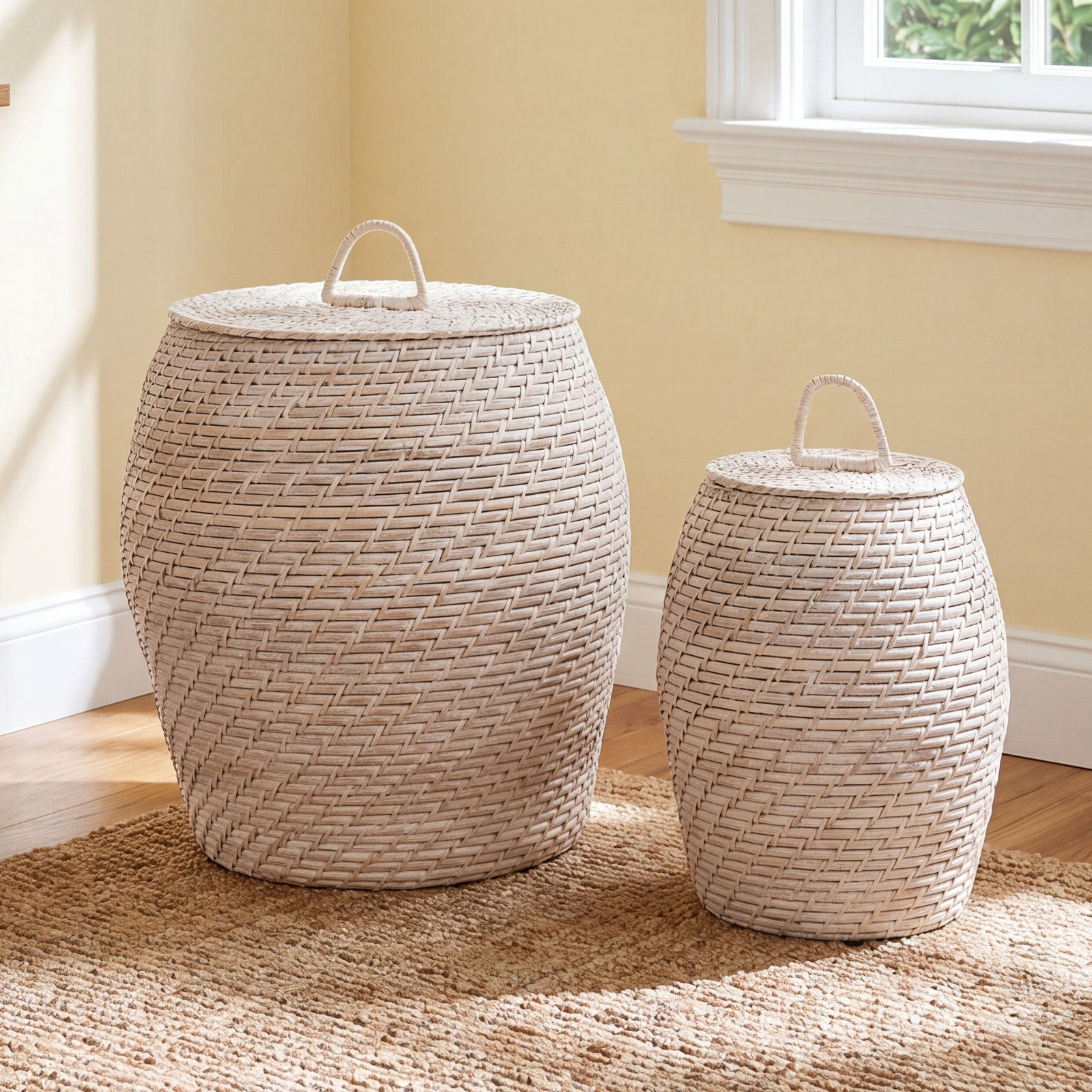 Coastal Rattan Decorative Basket, White Washed