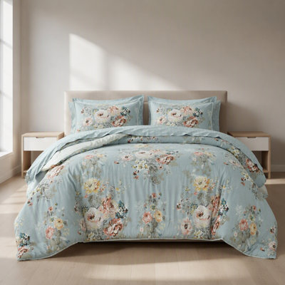 Ensemble de 7 pièces à motif floral inspiré du vin 7 pièces Cal King, bleu doux