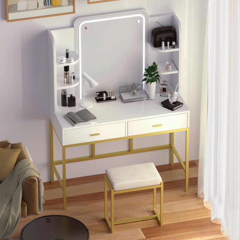 Ensemble coiffeuse avec miroir lumineux Gianalberto, Or/blanc