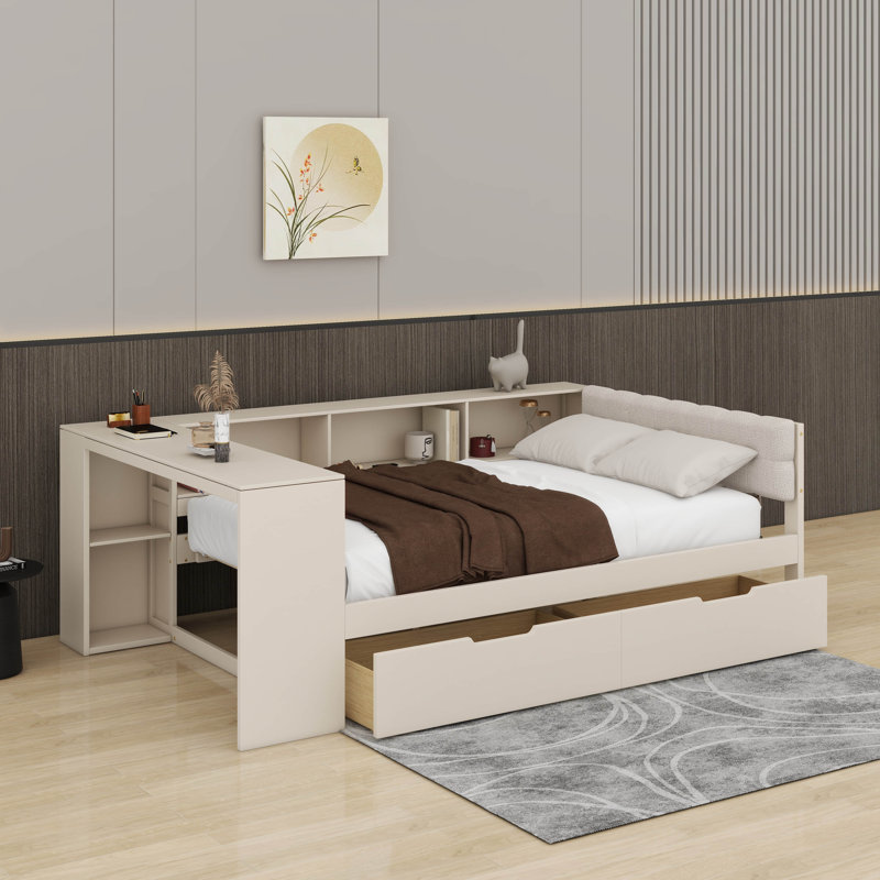 Lit plateforme avec tiroirs, tablettes de rangement, station de charge et tête de lit tapissier, Lit simple