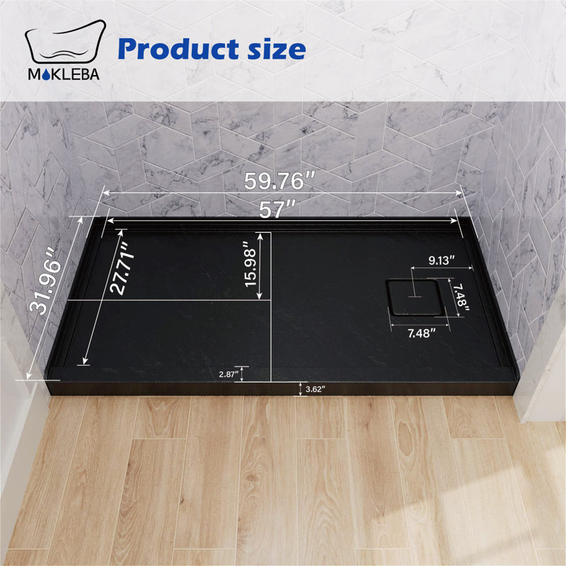 60 In. X 32 In. Rectangle Black Acrylic Bathroom Alcove Shower Pan Base With Right Hand Drain