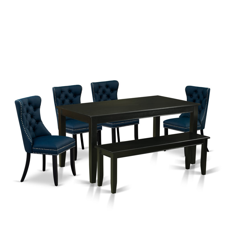 6 Piece Dining Table Set Consists of a Rectangle Kitchen Table and 4 Polyester Fabric Upholstered Chairs with a Bench, Black