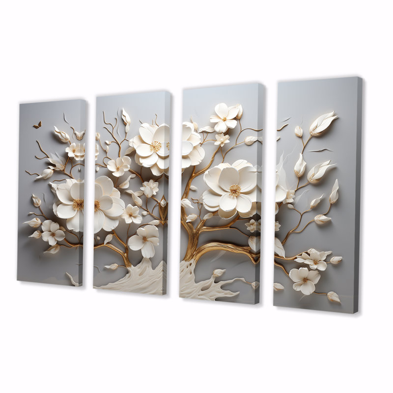 Orchidée blanche jardin de branches IV - art floral abstrait 4 pièces, H 32 po x l 64 po