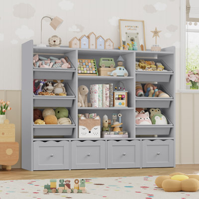🧸 55"W x 48"H Multi-Functional Kids Organizer: 4-Drawer Toy Storage & Bookshelf with 6 Removable Bins