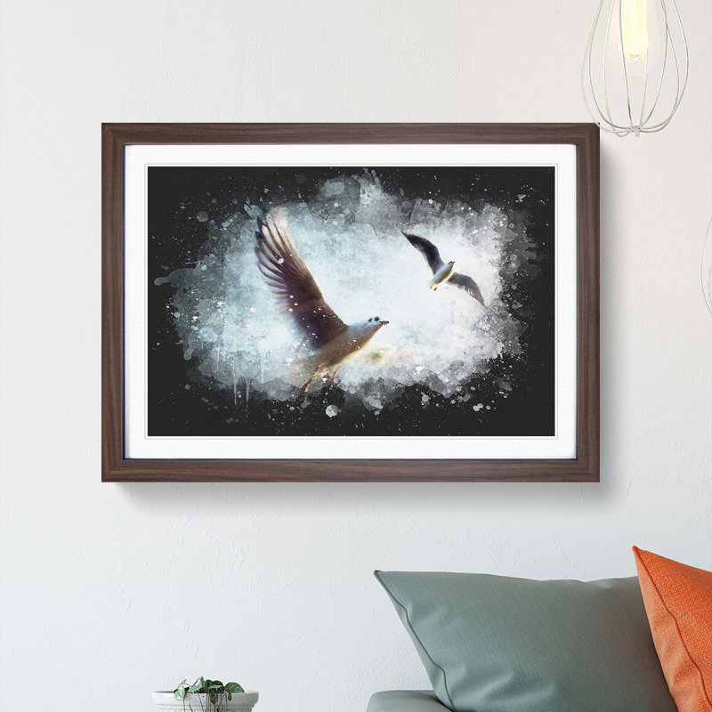 Pair of Flying Seagulls - Picture Frame Graphic Art Print, Walnut Framed, 62cm H x 87cm W x 2cm D