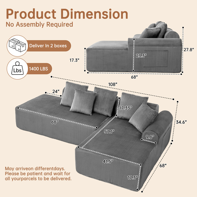 Causeuse surdimensionnée en velours côtelé avec 2 coussins et poches latérales Boneless, Gris