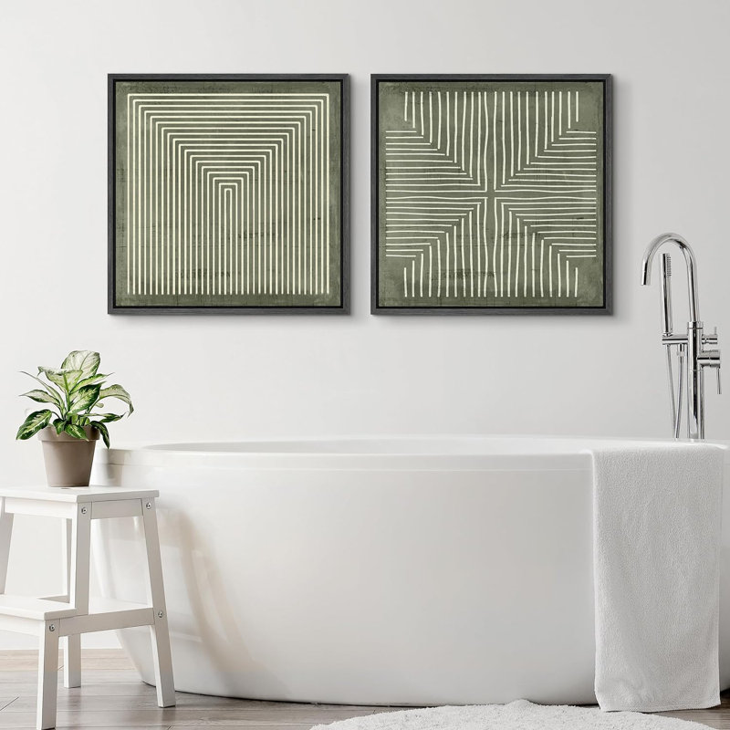 Geometric Line Pattern Wall Decor - Minimalist Neutral Abstract Artwork - Framed Canvas Master Bedroom Wall Art Work 2 Pieces Print