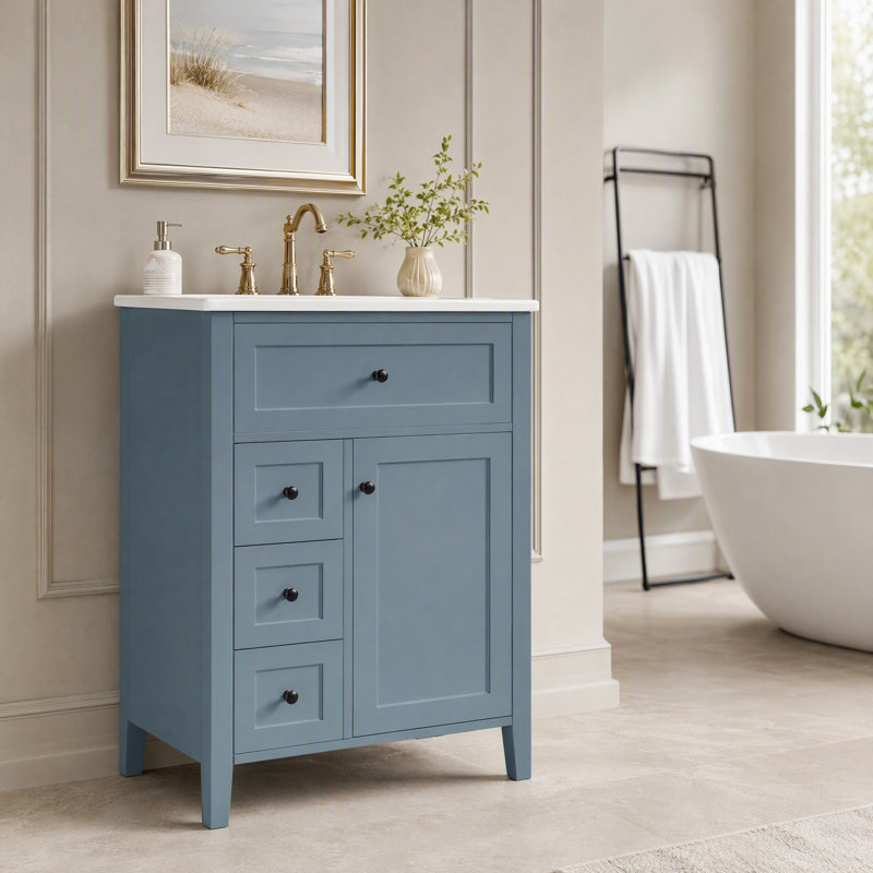 Meuble-lavabo moderne de 24 po avec lavabo, panneau de fibres à densité moyenne, bois d'hévéa, 3 tiroirs, armoire à tablettes, de taille petite ou moyenne