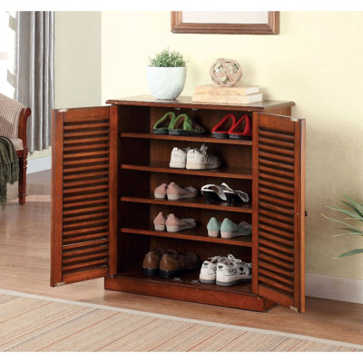 1Pc Shoe Cabinet Oak Finish Adjustable Shelves Louver Design Doors Home Furniture Shoe Rack, Modern Transitional Design