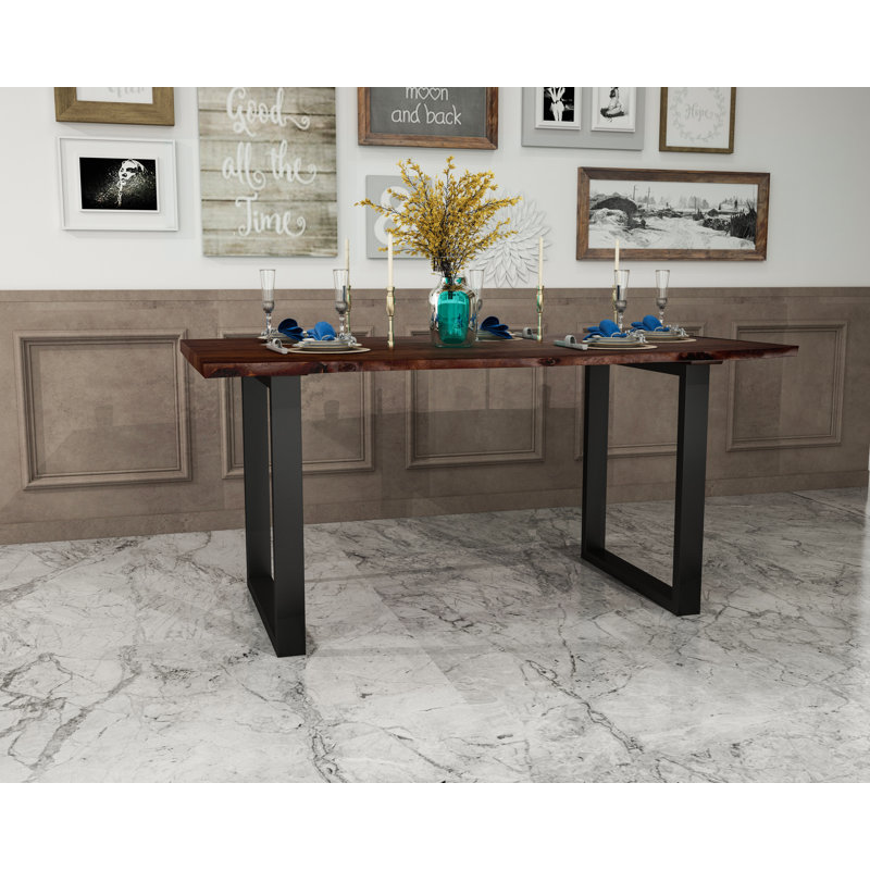 Kinnen Acacia Solid Wood Top Metal Base Dining Table, 35.4" W x 63" L, Dark Brown