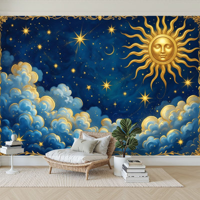 Papier peint adhésif auto-adhésif moderne l 96 "x H 69" pour chambre à coucher Golden Sun Starry Night Sky Clouds Moon Cosmic Celestial