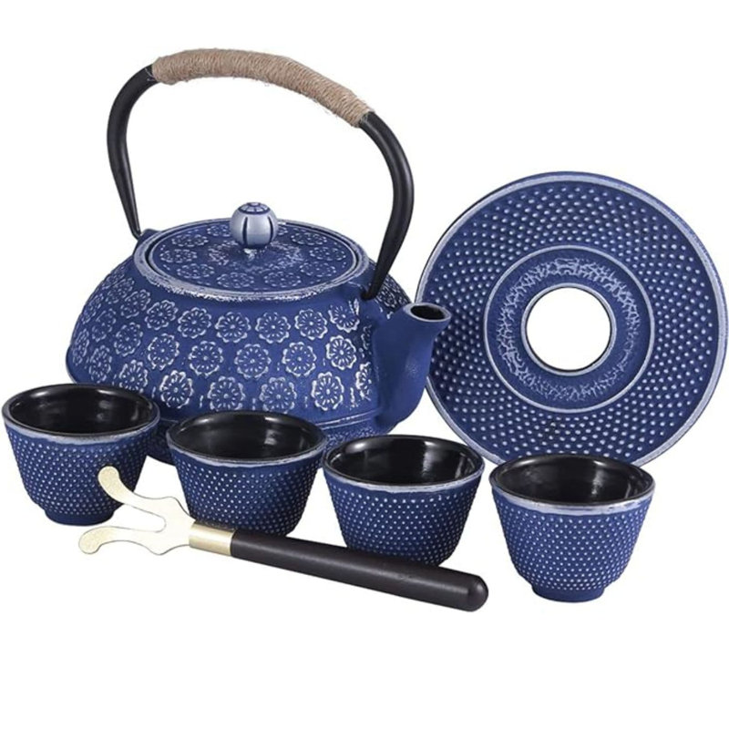 Blue Floral Cast Iron Japanese Teapot Set with 4 Cups