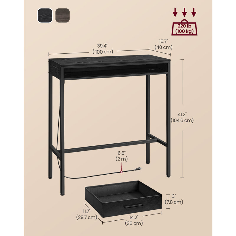 Bar Table With Power Outlet, 41.2"H x 39.4"L x 15.7"W, Ebony Black