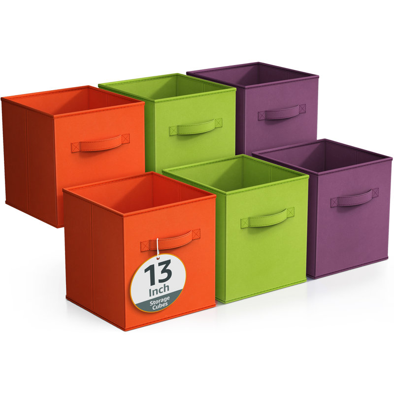 6 Pack 13" Large Foldable Storage Cubes with Handles, Purple/Green/Orange