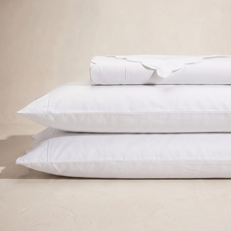 Scallop Frame Percale Sheet Set, King Sheet Set with 2 Pillowcases, White