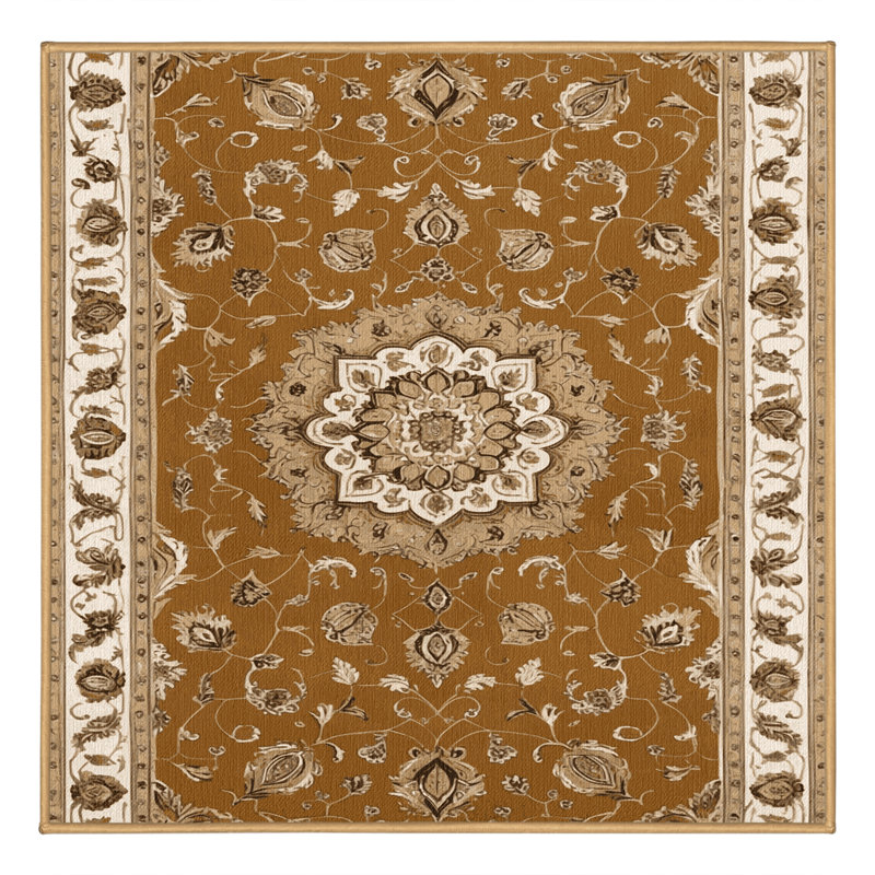 Tapis brun Tabriz lavable à la machine, Carré 5 pi