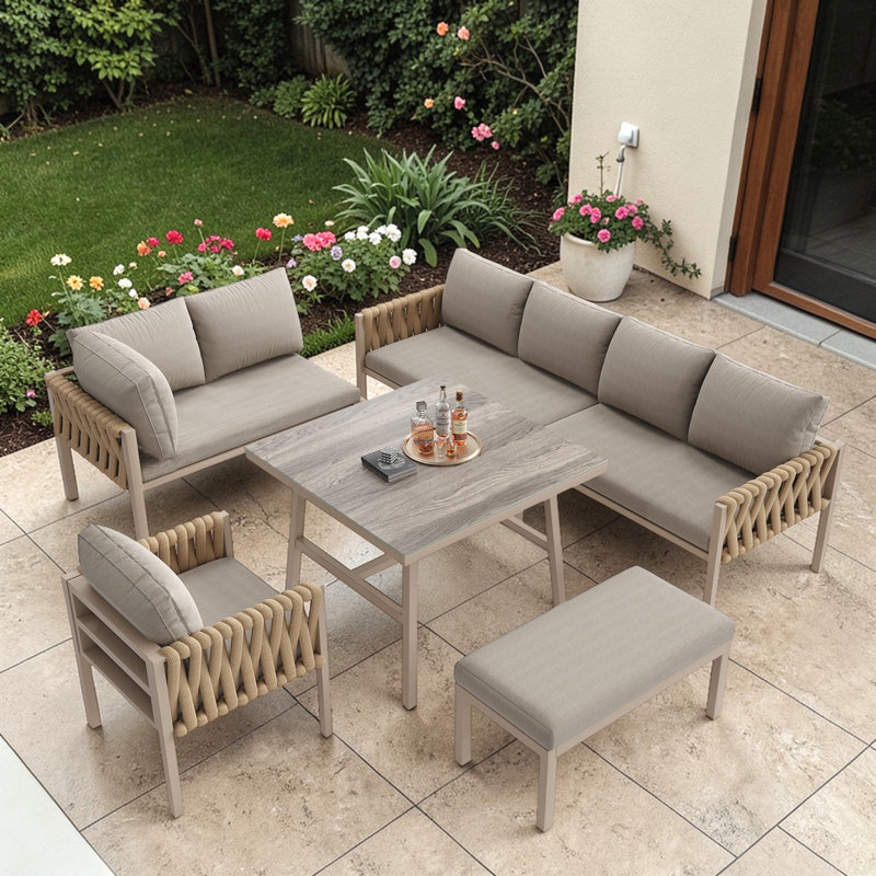Rynley 238cm Wide L-Shaped Metal Patio Sectional Set, Beige Cushion/Khaki Frame