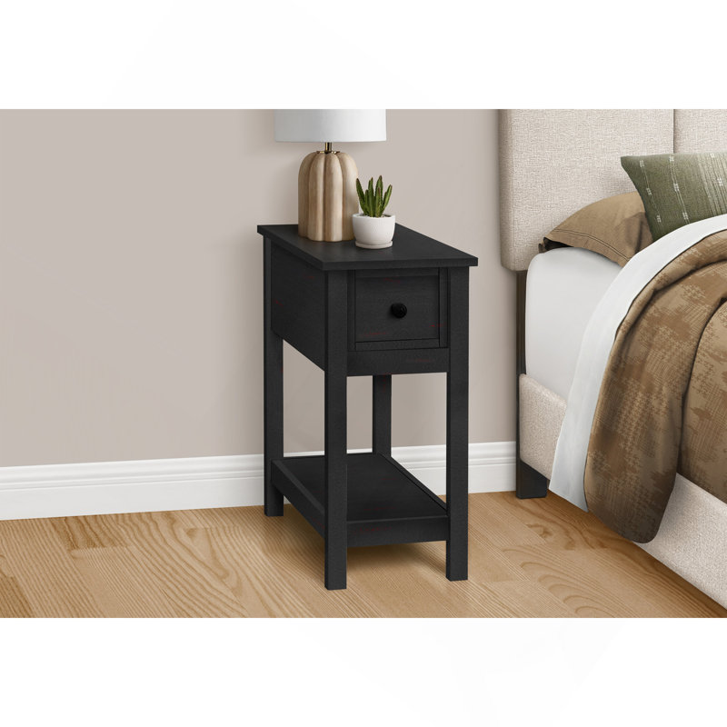Table d'appoint, 2 niveaux, bout, lampe, table de chevet, table d'appoint, étroit, petit, tiroir de rangement, chambre à coucher, placage noir, transitionnel