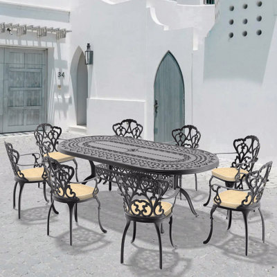 Ensemble de 9 meubles de patio en aluminium coulé, avec cadre noir et coussins de siège blanc cassé