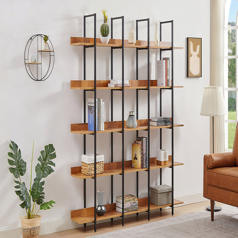 Bibliothèque à 5 niveaux avec bureau ouvert, tablette de style industriel rétro, panneau de fibres à densité moyenne, cadre en métal noir