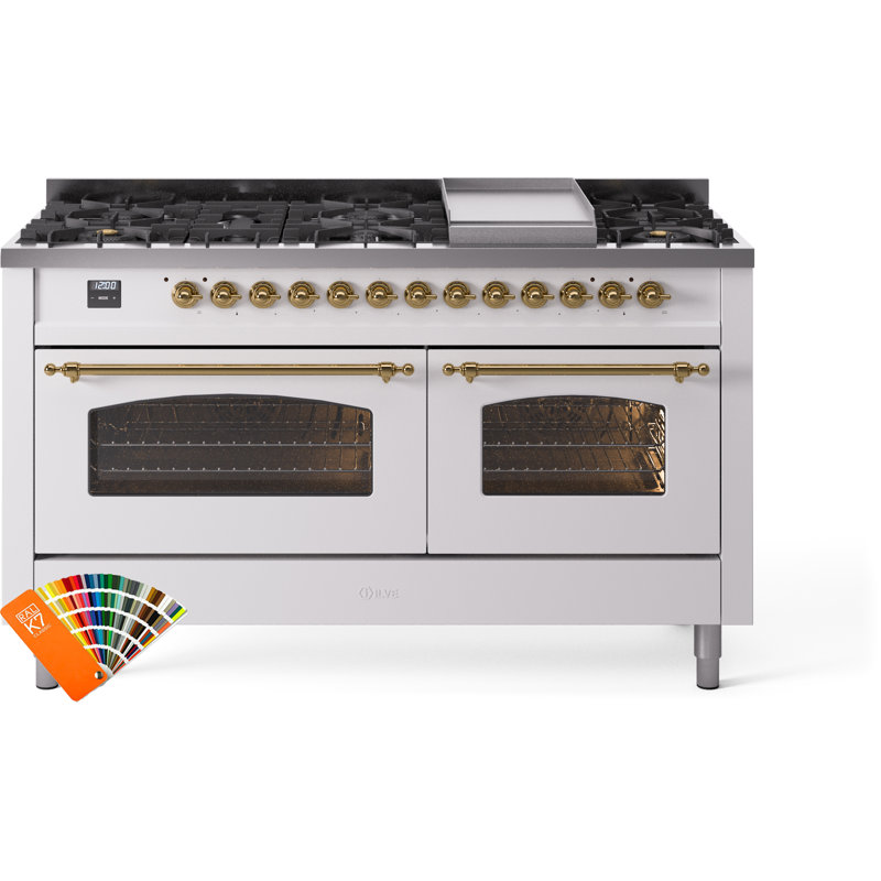 ILVE Nostalgie II 60 Dual Fuel Range, 9 Burners, Griddle, Natural Gas, RAL Color/Brass