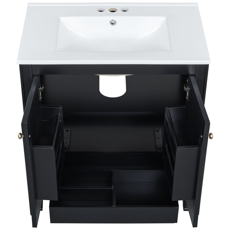 Meuble-lavabo double 60 po, fabriqué en bois massif et d'aspect rétro élégant, en céramique avec débordement en métal, compartiments de tiroir réglables avec rangement de 60 po, design, fermeture en douceur