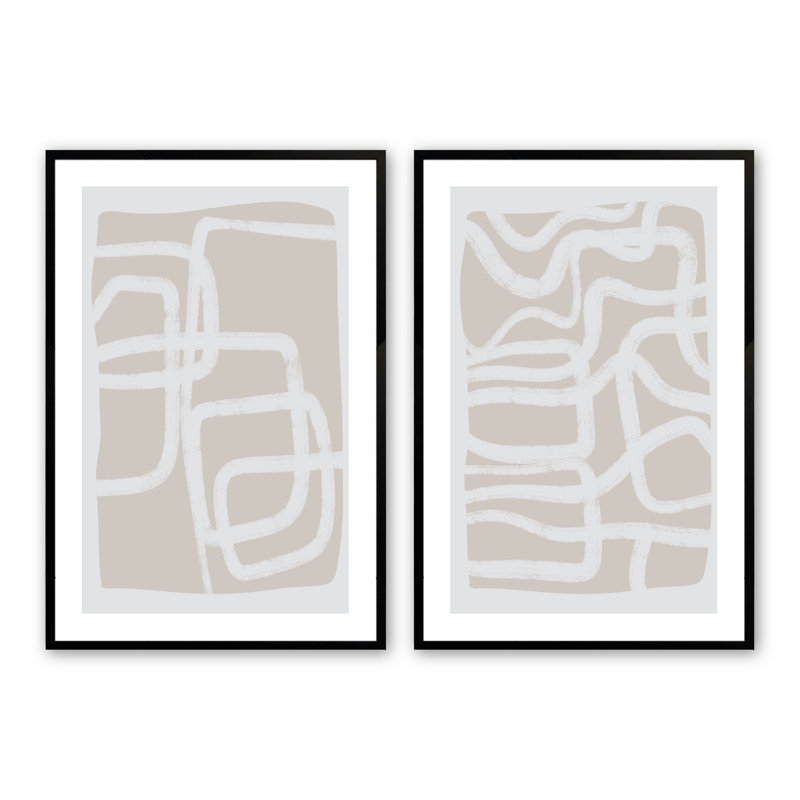 «Sallee Greige Simple Abstract», ensemble de 2 encadrés sur papier par 2 pièces par Line2Form, Noir satiné