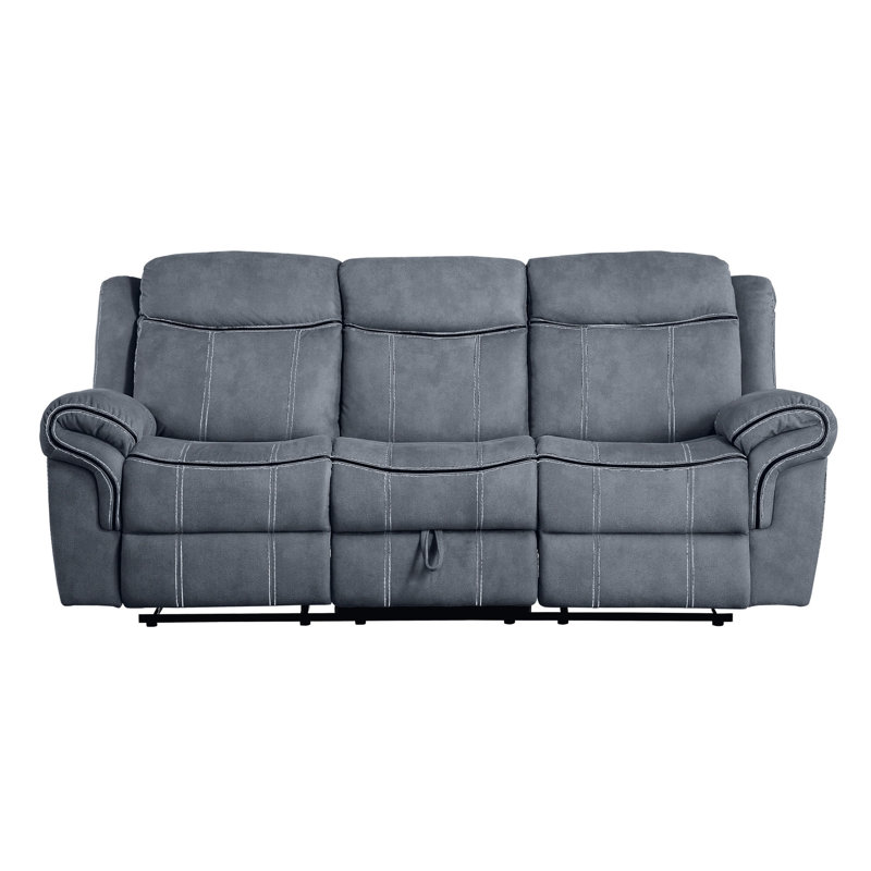 Fauteuil inclinable confortable en velours avec rangement caché et inclinable à deux tons de gris, table rabattable, 3 places, et détails capitonnés élégants