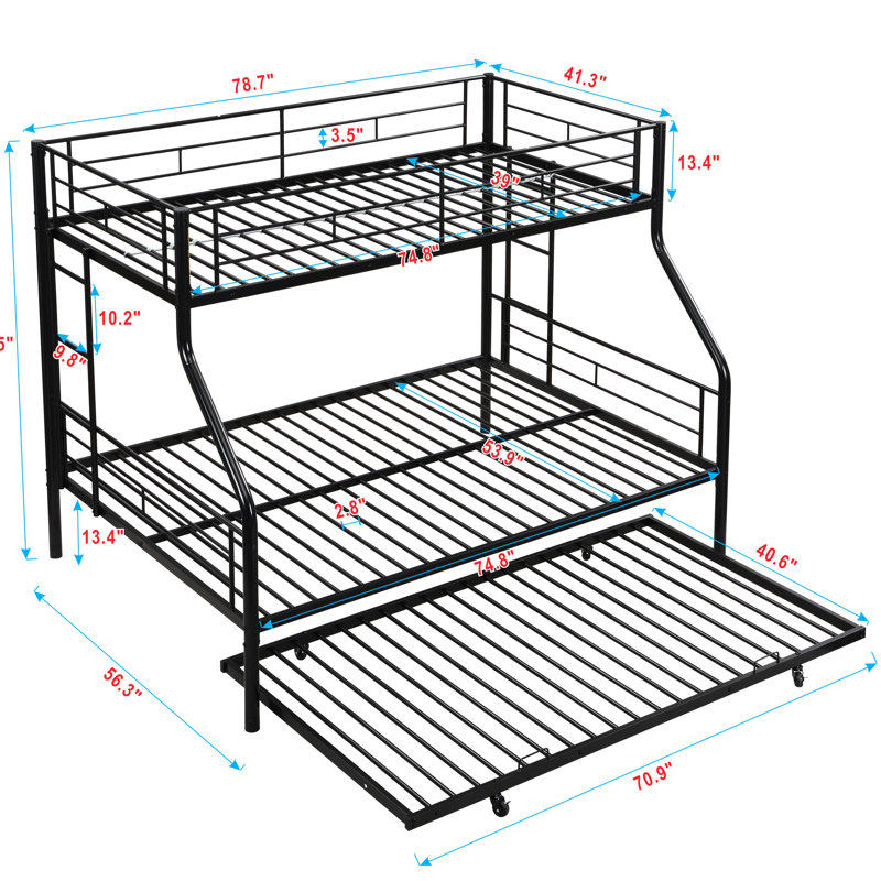 Twin Over Full Bunk Bed With Trundle In Metal - Save Space, Easy To Assemble, No Box Spring Needed, Contemporary Style Design Assembly, Necessary, Modern Look