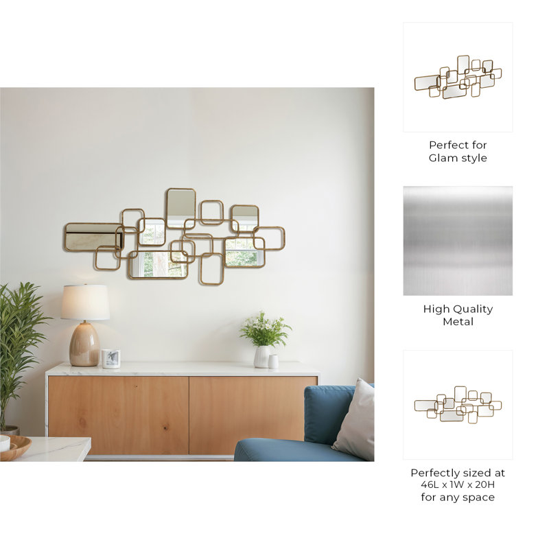 Baeden Modern Geometric Metal Wall Mirror with Overlapping Rectangular Frames - Stylish Decorative Accent Featuring Glass, Wood, and MDF Design