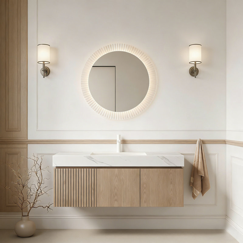 MURI Single Bathroom Vanity With Sink,Wall-Mounted Vanity, Light Oak, 48", Carrara White