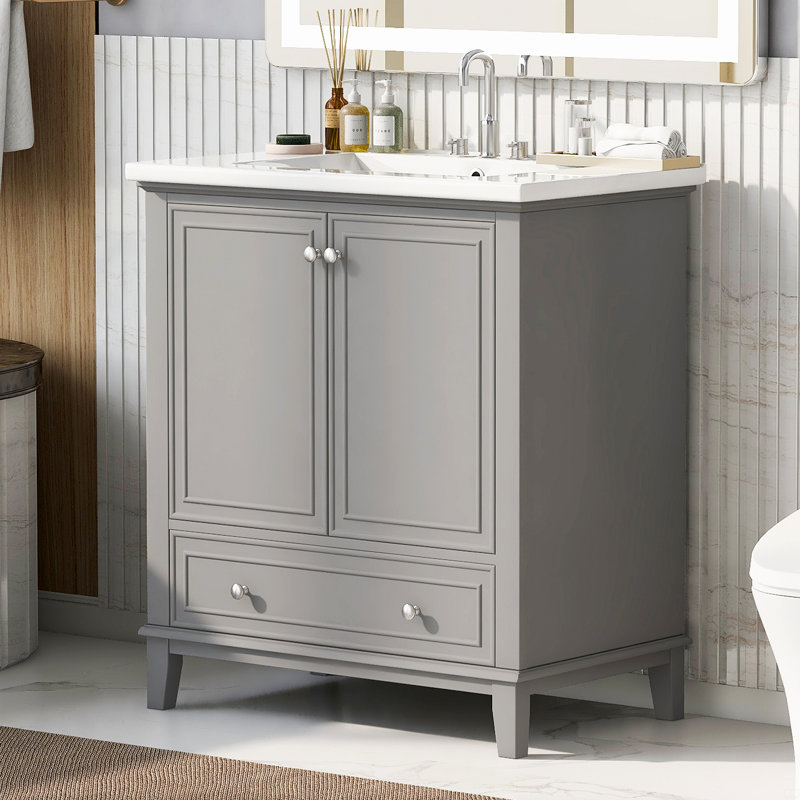 Ensemble de meuble-lavabo 30 po avec lavabo, portes et tiroir, cadre solide et panneau de fibres à densité moyenne, Gris