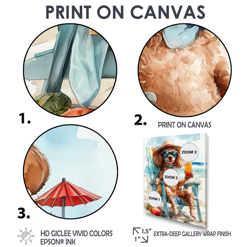 Caniche brun sur la plage relaxant, H 20 po x l 12 po x P 1 po, Toile encadrée noire simple