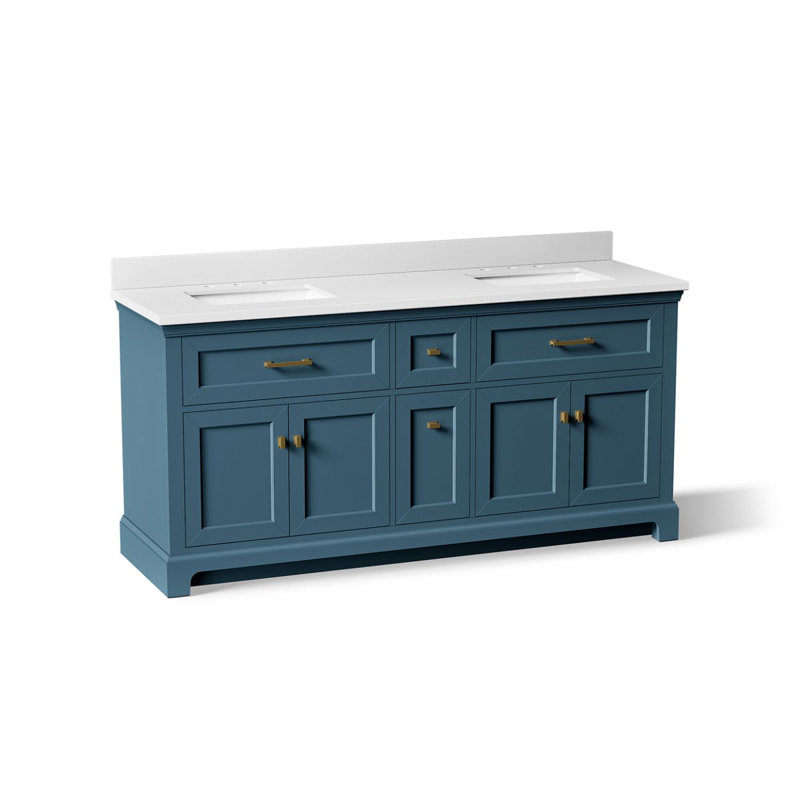 Charlemont 60 In. Bathroom Vanity Cabinet With Sinks And Quartz Top, Tidal Blue, Brushed Brass