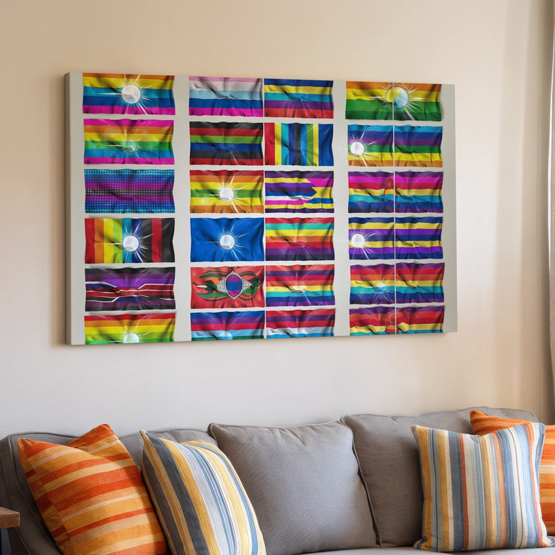 La toile crée une illustration vibrante et colorée mettant en valeur une collection de drapeaux de fierté représentant divers art LGBTQ