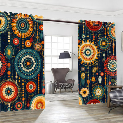 2Pcs Bohemian Sun Mandala Ethnic Geometric Print Grommet Blackout Curtains, Retro Folk Pattern, Polyester Window Drapes, Thermal Insulated & Noise Reducing, Privacy Protection, Room Darkening Stylish Indoor Home Decor for Bedroom, Living Room