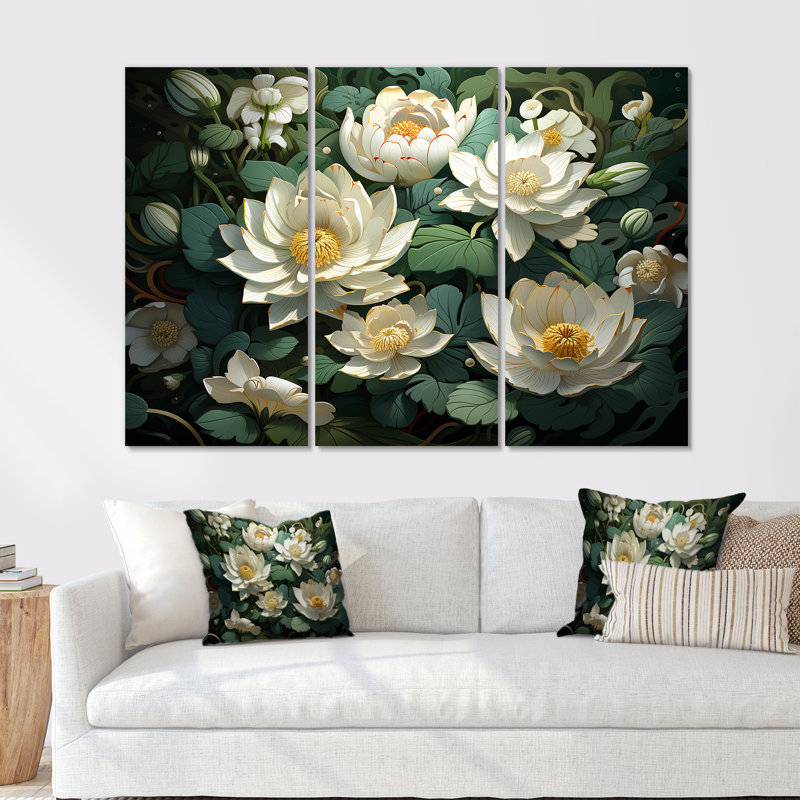 Fleurs de lotus méticuleusement rendues - ensemble d'art sur toile de lotus, Toile tendue, H 28 po x l 36 po x P 1 po