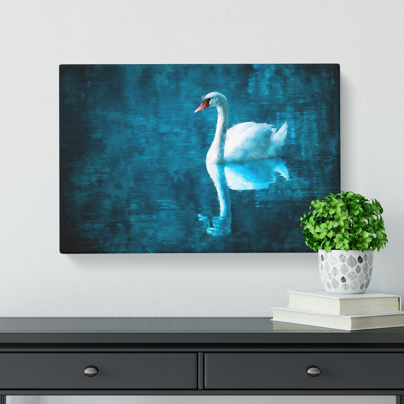 White Swan On A Blue Lake Painting - Wrapped Canvas, 60cm H x 91cm W x 3cm D