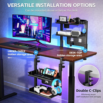Metal Clamp On Desk Shelf,Storage Shelves with Pegboard and Pencil Holder ， 2 Tier Adjustable Above or Under Heavy Duty Desktop Organizer with Headphone Holder for Desk Accessories