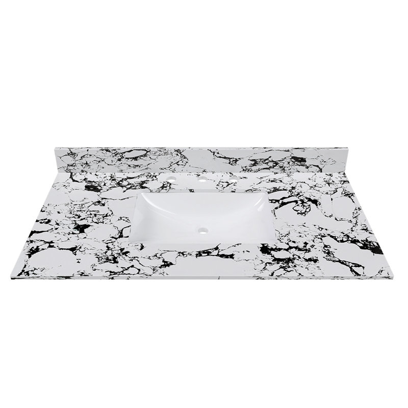 Plateau de meuble-lavabo 43 po x 22 po, avec lavabo et dosseret en céramique encastré, comptoir de salle de bain en marbre artificiel avec 3 trous de robinet, blanc panda