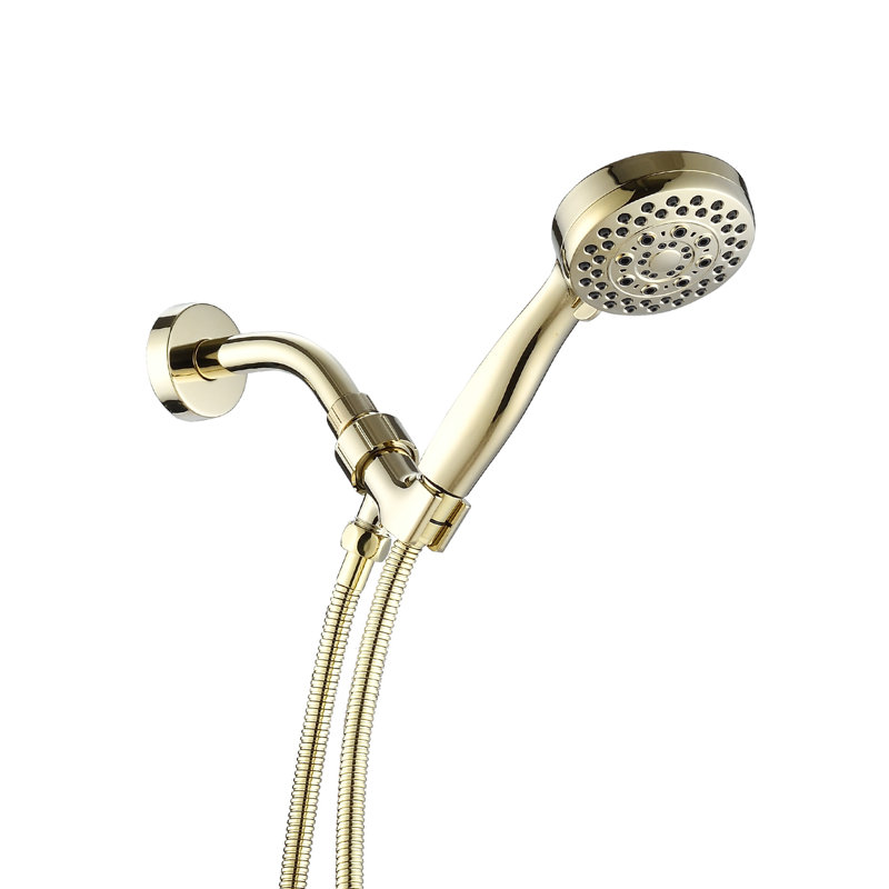 Douchette à main avec 5 réglages réglables - Support pivotant en cuivre fin et haut, forme ronde, eau et force de jet, comprend mode tête de tuyau poli doré, qualité ABS, performance constante, tuyau,